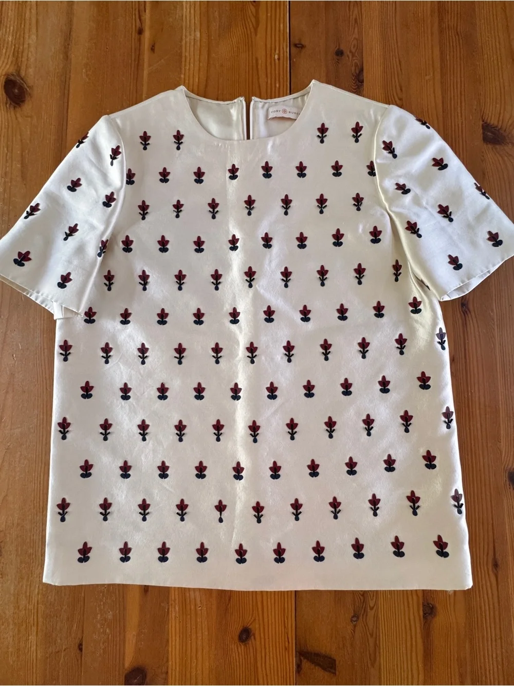 Tory Burch Cream Short-Sleeve Top with Red and Black Beaded Embroidery
